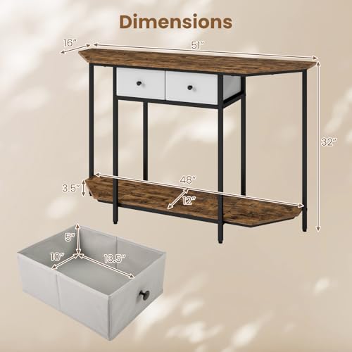 GOFLAME Entryway Table with 2 Fabric Drawers, 51“ Narrow Sofa Table with Open Storage Shelf, Heavy-Duty Frame, Industrial Half Moon Console Table for Living Room, Hallway, Rustic Brown