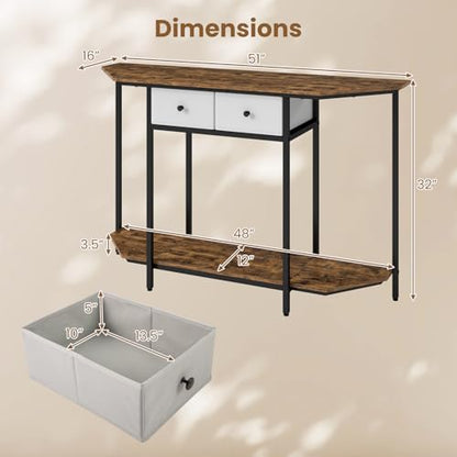 GOFLAME Entryway Table with 2 Fabric Drawers, 51“ Narrow Sofa Table with Open Storage Shelf, Heavy-Duty Frame, Industrial Half Moon Console Table for Living Room, Hallway, Rustic Brown