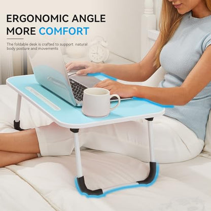 BUYIFY 23" Foldable Lap Desk for Laptop Writing w/Cup Holder Blue | Sturdy and Durable, Laptop Bed Desk with Tablet Slot, No Assembly, Space Saving for Bed Couch Dorm WFH Students - color: Blue