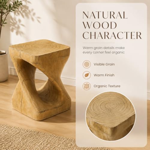 Twisted Solid Wood Accent Table, Hand-Carved Sculptural End Table, 12x12x16 inch Rustic Wooden Stool, Modern Geometric Side Table for Living Room Bedroom, Natural Wood Nightstand Plant Stand - color: Style A-natural
