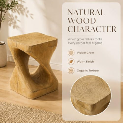 Twisted Solid Wood Accent Table, Hand-Carved Sculptural End Table, 12x12x16 inch Rustic Wooden Stool, Modern Geometric Side Table for Living Room Bedroom, Natural Wood Nightstand Plant Stand - color: Style A-natural