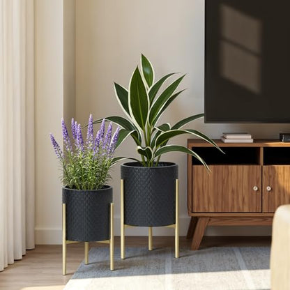 LuxenHome 2-Piece Diamond Pattern Round Metal Cachepot Planter Set, Black Planter with Gold Stands Set of 2 Indoor Plant Pots Large Floor Plant Pot for Plants, NOT Waterproof - color: Black