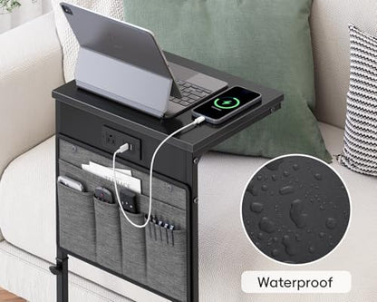 Vagusicc C-Shaped End Table Set of 2 with Charging Station, Small Side Table for Couch, Adjustable Height Couch Side Table, Slide Under Sofa Table TV Tray Tables for Living Room,Bedroom,Bedside, Black - color: 2pc Black