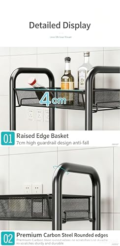 3-Tier Rolling Storage Cart, Metal Mesh Basket Shelves on Wheels, Black, for Kitchen, Nursery and Snack Organization