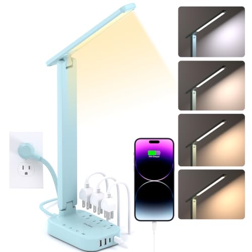 One Beat LED Small Desk Lamp Power Strip 5ft Extension Cord, 3 Outlets, 4 USB Ports(2 USB C), 4 Modes, 5 Level Touch- Home, Office, Bedroom, Bedside, Study Reading Light, Dorm Room Essentials, Blue - color: Blue, size: 5 Ft