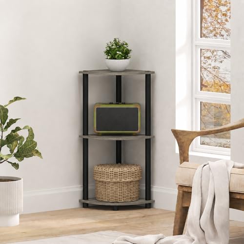 Furinno Turn-N-Tube Toolless Assembly 3-Tier Corner Shelf, Corner Book Shelf, Open Shelves Bookshelf, for Organization and Storage, Living Room, Home Office, Bedroom, Grey Oak - color: Grey Oak/Black, size: 3-Tier Corner