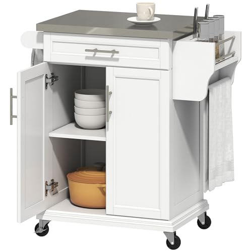 HOMCOM Kitchen Island on Wheels, Rolling Kitchen Cart with Stainless Steel Countertop, Drawer, Towel Rack and Spice Rack, Utility Storage Trolley, White - color: White