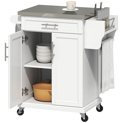 HOMCOM Kitchen Island on Wheels, Rolling Kitchen Cart with Stainless Steel Countertop, Drawer, Towel Rack and Spice Rack, Utility Storage Trolley, White - color: White