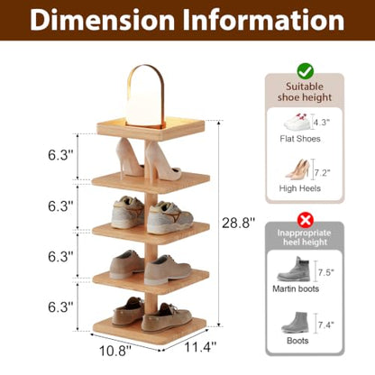 4-Tier Vertical Shoe Rack, Narrow Shoe Tower for Small Space - color: Natural, size: 11.4"D x 10.8"W x 28.8"H