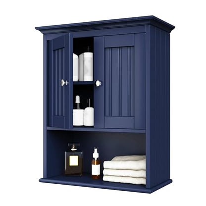 Treocho Wood Wall Cabinet, Bathroom Medicine Cabinet Storage with Doors and Adjustable Shelf, Rustic Cabinet Wall Mounted for Bathroom, Living Room, Kitchen, Blue - color: Blue