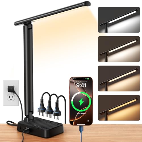 LED Desk Lamp with Power Strip, 3 AC Outlets, 4 USB Ports, Stepless Dimming | 2800K-6500K Color, 2 USB-C, Foldable Design, Timer & Memory, Study, Home Office & College Dorm - color: Matte Black,5FT