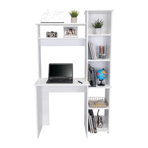 Tuhome Versalles Writing Desk with Two Superior Shelves, Five Side Open Storage Compartments, Space-Saving Modern Workstation Design for Studios and Offices, Ideal for Organization, Books - color: White