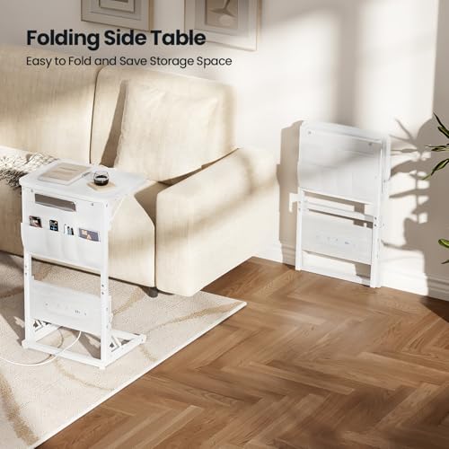 HLDIRECT C Shaped End Table with Charging Station & Storage Bag White | 2 USB & 2 Outlets, Storage Bag, FSC Wood, Foldable, 11.8"D x 15.7"W, for Small Spaces, Couch, Bedroom - color: White