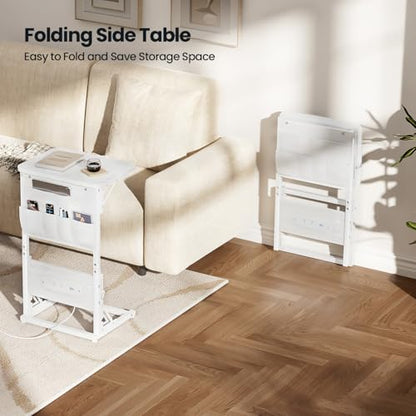 HLDIRECT C Shaped End Table with Charging Station & Storage Bag White | 2 USB & 2 Outlets, Storage Bag, FSC Wood, Foldable, 11.8"D x 15.7"W, for Small Spaces, Couch, Bedroom - color: White