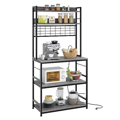 Shintenchi Bakers Rack with Power Outlet, Large Storage Space, 10 Hooks Coffee Bar with Metal Wire Panel, High Microwave Stand, Classic Kitchen Storage Shelf Design, Grey - color: Grey, size: 31.5inch with Power Outlet