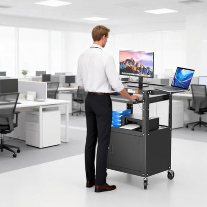 POCHAR Steel AV Cart with Locking Cabinet & Drop Leaves - Adjustable Height Media Carts with Wheels, Pullout Tray, Power Strip - Mobile Workstation Computer Cart for Office Classroom Shop Warehouse - style: Locking Cabinet with Drop Leaves (AVMTK)
