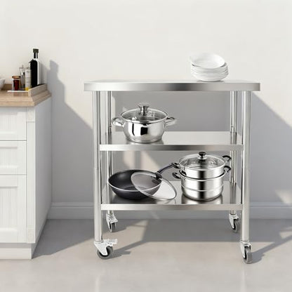 30x14x35in 3-Tier Stainless Steel Work Table with Casters & Foot Pads, Adjustable Shelves, 330 lbs Load Capacity, Space-Saving Metal Utility Cart for Small Spaces, Kitchen, Garage, Restaurant, Home - size: 30x14x35 Inches