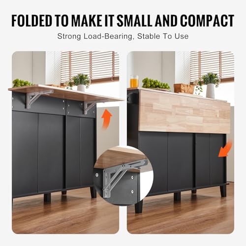 VEVOR Kitchen Island Cart, 50" Wood Top Breakfast Bar with Trash Cabinet Tilt Out 10 Gallon Storage, Farmhouse Dining Living Room Table with Drop Leaf, Towel Bar, Drawer, Black - size: 50"W (dropleaf)
