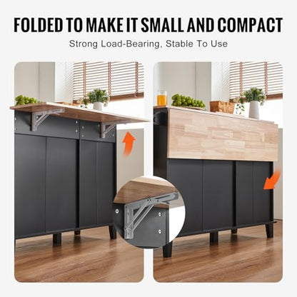 VEVOR Kitchen Island Cart, 50" Wood Top Breakfast Bar with Trash Cabinet Tilt Out 10 Gallon Storage, Farmhouse Dining Living Room Table with Drop Leaf, Towel Bar, Drawer, Black - size: 50"W (dropleaf)