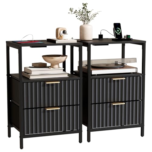 Bonnlo Fluted Nightstand Set of 2, Fabric Dresser with 2 Drawers and 1 Shelf, Bedside Table/End Table with Charging Station, Nightstand for Bedroom, Livingroom, College Dorm, Black - color: Black, size: 2 Drawer