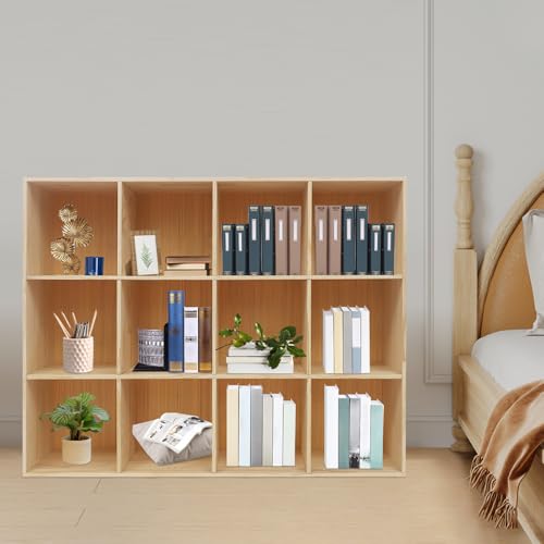 12-Cube Solid Wood Bookcase - Vertical/Horizontal Storage Organizer - 3-Tier 12-Compartment Display Cabinet & TV Stand for Living Room, Office - Easy Assembly Modern Farmhouse Style