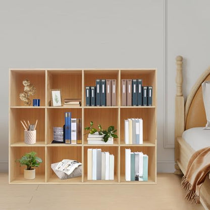 12-Cube Solid Wood Bookcase - Vertical/Horizontal Storage Organizer - 3-Tier 12-Compartment Display Cabinet & TV Stand for Living Room, Office - Easy Assembly Modern Farmhouse Style