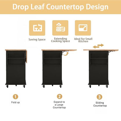 Kitchen Island Cart with Wood Top and Drop Leaf, Rolling Kitchen Island Table on Wheels with Drawer, Storage Cabinet, Spice Rack and Towel Rack for Dining Room, Black - size: 67.1" W, style: Black