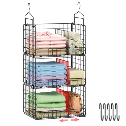 Sonyabecca 3-Tier Extra Large Closet Hanging Organizer with Dividers, Clothes Hanging Shelves with 2 Hanging Hooks & 5 S-Hooks, Wire Storage Baskets for Sweaters, Shoes, Handbags & Accessories - color: Black, size: X-Large