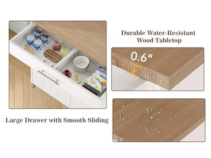 Kitchen Storage Island, Wooden Rolling Kitchen Island On Wheels with Countertop, Mobile Kitchen Island Cart with Towel Rack, Spice Rack and Drawers, White - color: White