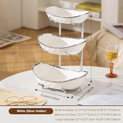 YYW 3 Tier Fruit Bowl for Kitchen Counter, White Gold Silver Ceramic Fruit Stand for Countertop, Home Fruit Rack with Metal Holder, Vegetable Snacks Nuts Bread Candy Storage (White (Silver Holder）) - color: White (Silver Holder）