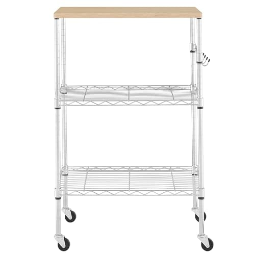 BolDuck 450Lbs Capacity Microwave Cart with Wheels, 3 Tier Rolling Cart with Adjustable Shelves, Multifunctional Metal Utility Storage Kitchen Carts on Wheels, 23.6" L*15.7" W*37" H, Wood+Chrome - size: 23.6"L*15.7"W*37"H with Adjustable Shelves