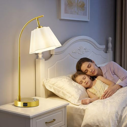 Gold Table Lamp Set of 2, Bedside Table Lamp with USB C+A Ports, Stepless Dimmable Nightstand Lamp, Small Cute Bedroom Lamps, Flower Lamp for Bedroom, Living Room, Home Office(Bulbs Included, Gold) - color: white shade & gold base