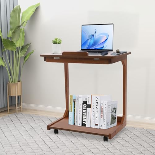 Modern C-Shaped End Table, 2 Tier Sofa Side Table with Wheels and Adjustable Desktop Small TV Tray Tables for Living Room Bedroom Apartment (Walnut, 60cm) - color: Walnut, size: 60cm