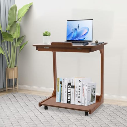 Modern C-Shaped End Table, 2 Tier Sofa Side Table with Wheels and Adjustable Desktop Small TV Tray Tables for Living Room Bedroom Apartment (Walnut, 60cm) - color: Walnut, size: 60cm