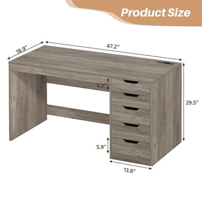 YOMILUVE 47 Inch Computer Desk with 5 Drawers and Power Outlets, Home Office Desks with Storage File Cabinet, Modern Simple Laptop Desk Writing Table for Small Spaces, Grey - color: Grey
