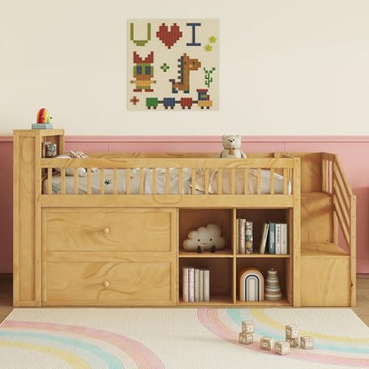 Twin Size Loft Bed with LED and Bookshelf, Wood Low Loft Bed with Stairs,Twin Loft Bed with Storage Drawers and Shelves, Natural