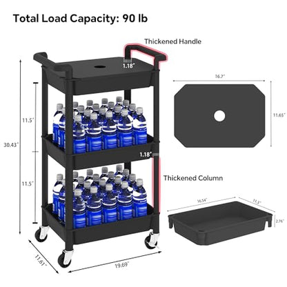 MIOCASA 3-Tier Utility Rolling Cart with Cover Top Board, Kitchen Storage Organization Cart with Wheels for Office, Classroom, Living Room, Kitchen, Bathroom, Black, Plastic - size: 3-Tier, style: Black