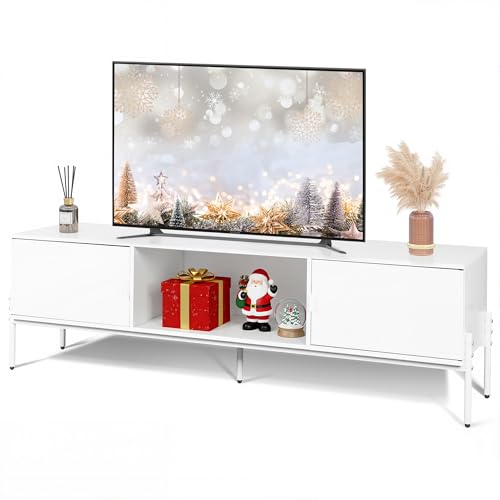 WLIVE 58" TV Stand for 65 Inch TVs, Mid Century Modern Entertainment Center with 2 Storage Cabinets & Open Shelf, Media Console Table with Metal Legs for Living Room, Bedroom, White - color: White
