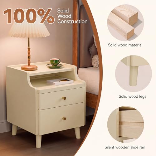 Nightstand Set of 2, Pre-Assembled, 19.7“H Solid Wood Night Stand with 2 Drawers, Open Sliding Shelf, Mid Century Modern Small Bedside Table for Bedroom, Cream 16" - color: Cream-2pack, size: 16"