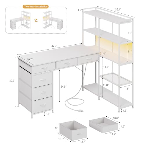 L Shaped Gaming Desk, 6 Drawer Computer Desk with Power Outlets, Reversible Corner Desk with Storage Shelves, Small L-Shaped Desk for Home Office, Space Saving Game Table, White