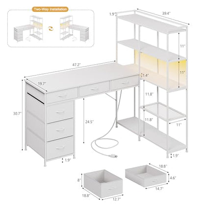 L Shaped Gaming Desk, 6 Drawer Computer Desk with Power Outlets, Reversible Corner Desk with Storage Shelves, Small L-Shaped Desk for Home Office, Space Saving Game Table, White