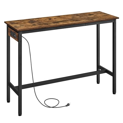 VASAGLE Bar Table, Narrow Long Kitchen Dining Table with Charging Station, Sturdy Metal Frame, Industrial, 15.7 x 47.2 x 35.4 Inches, Rustic Brown and Ink Black ULBT121K01 - color: Rustic Brown + Ink Black, size: 47.2"W, style: Industrial