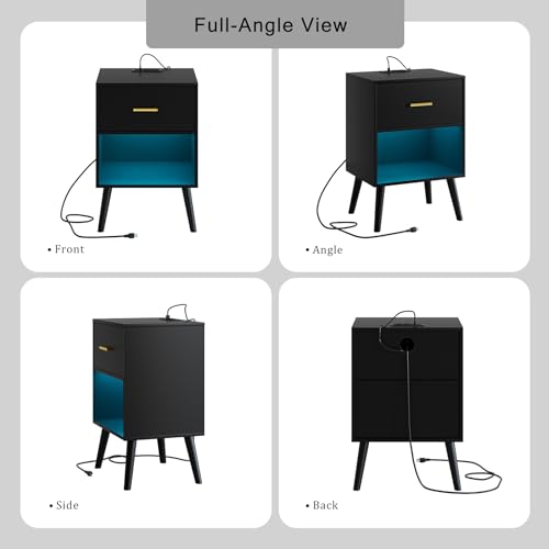 Aienvey Nightstand with Charging Station and LED Lights, Black | Small Side Table, Bedside Table with Drawer, Modern Night Stand with Light/Power Strip, End Table for Bedroom, Living Room - color: Black