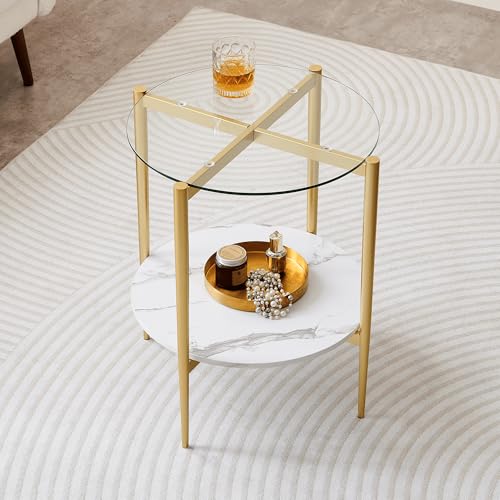 LumFurn Round Glass End Table, Mid-Century Modern Design Sofa Table for Living Room, D18 x H23 in, 2-Tier Structure, Clear Glass Top and White Marble Shelf, Sleek Conical Legs with Gold Finish Frame - color: Clear & White Marble, size: D18" Round End Tabl