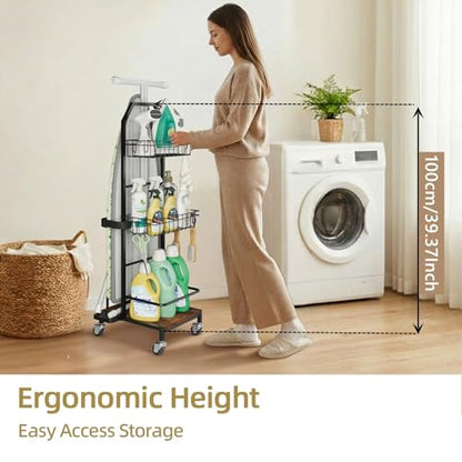 Ironing Board Holder Cart for Small & Narrow Laundry Rooms, Freestanding Iron & Ironing Board Storage Rack for T & X Boards with 3-Tier Shelves, Rolling Metal Wheels, Hooks, No Wall Mount