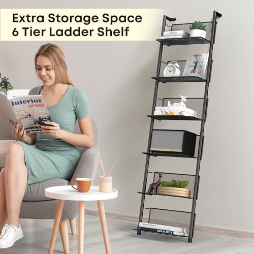Docnest 6 Tier Ladder Shelf Wall Mounted, 47.6 Inch Metal Bookshelf Organizer, Modern Floating Shelves for Plants Books Home Decor, Black