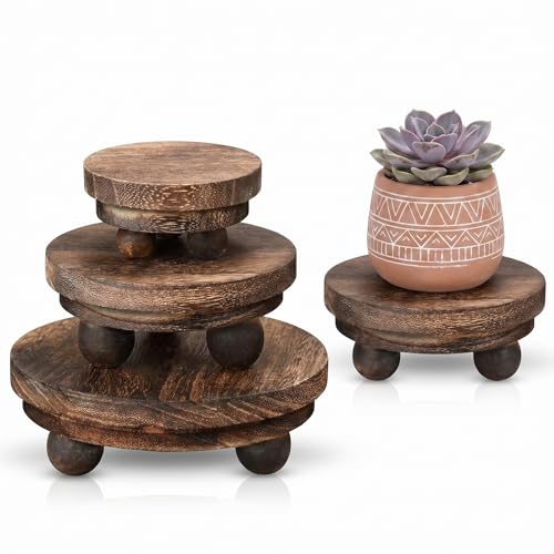 Amyhill 3 Pcs 5/4/3 Inch Mini Wooden Risers for Decor Small Round Pedestal Stand, Brown Farmhouse Wood Riser with Ball Feet for Tiered Tray, Candles, Plants, Home Kitchen Decor - color: Brown, size: 5/4/3 Inch