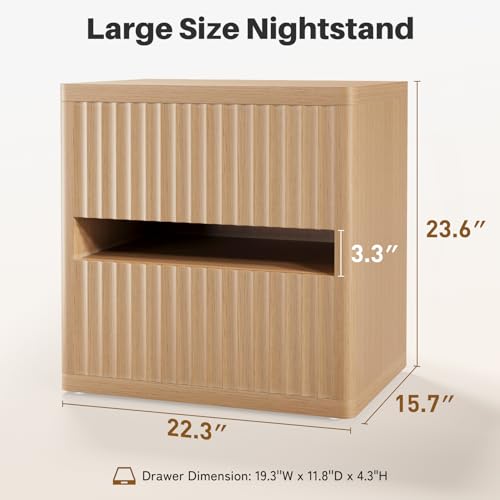Dripex Fluted Nightstand Set of 2, 22'' Wide Night Stand with 2 Large Drawers, Mid Century Modern Wood Bedside Table with Open Shelf, Large Bed Side End Table for Bedroom, Natural Oak - color: Natural Oak