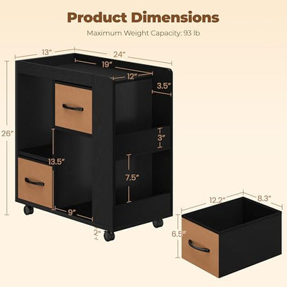 Yaheetech Narrow Side Table with Storage, Wooden Rolling Nightstand Bedside Table with Wheels, Magazine Racks and Open Shelves, End Table with Drawers for Living Room Bedroom, Black - color: Black