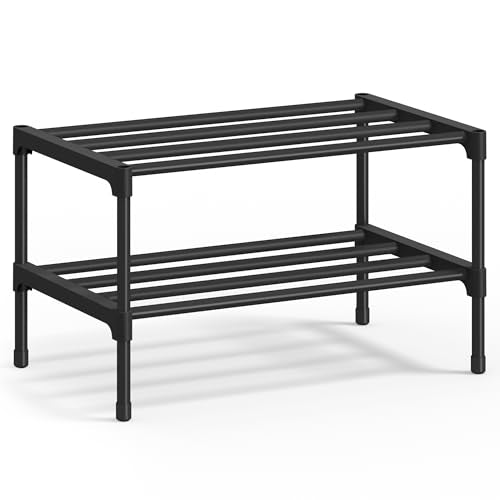 SONGMICS 2-Tier Shoe Rack for Closet, Compact Metal Shoe Organizer Shelf for Entryway, Bedroom, Small Spaces, Stackable, 11.8 x 17.7 x 12.2 Inches, Black ULSA112BH01 - size: 2 Tiers (17.7"W)